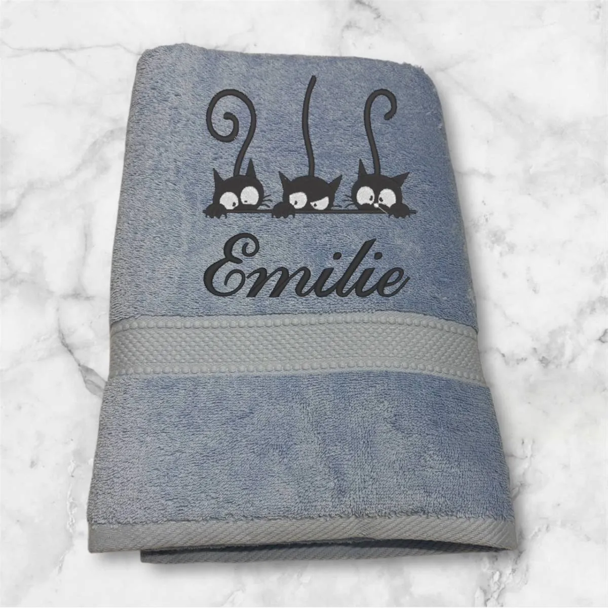 Serviette de toilette bleu clair motif chat